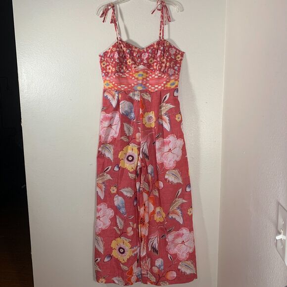 New Anthropologie Ranna Gill Printed Jumpsuit Red Motif Floral Wide-Leg Size L